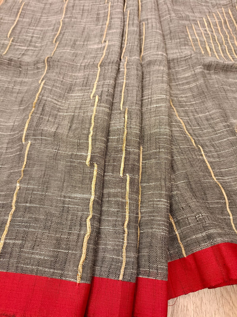 Grey Soft Handloom Cotton Saree With Red Border Balaram Saha