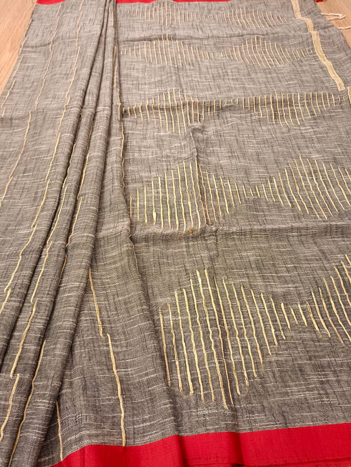 Grey Soft Handloom Cotton Saree With Red Border Balaram Saha