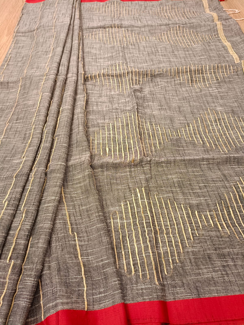 Grey Soft Handloom Cotton Saree With Red Border Balaram Saha