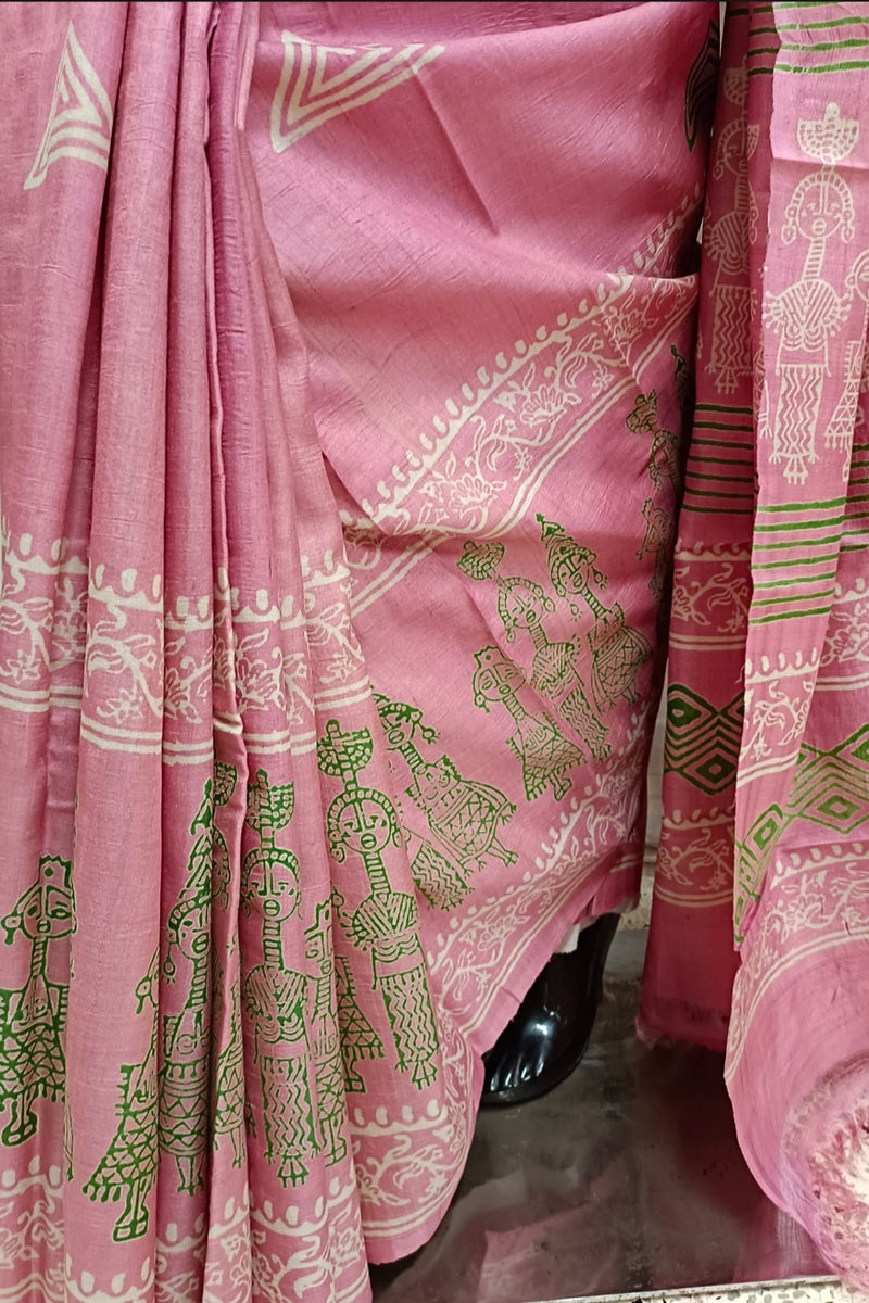 Pink Handloom Hand Block Print Tussar Silk Saree Balaram Saha