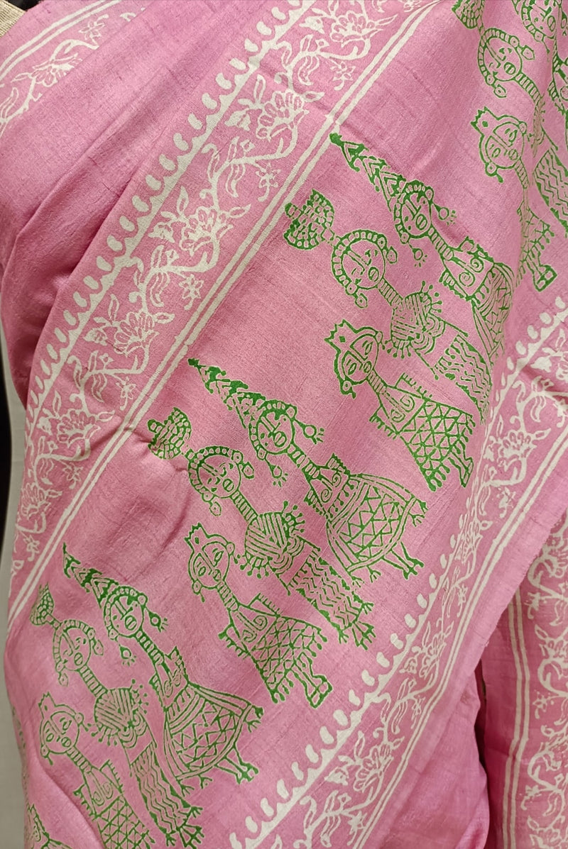 Pink Handloom Hand Block Print Tussar Silk Saree Balaram Saha
