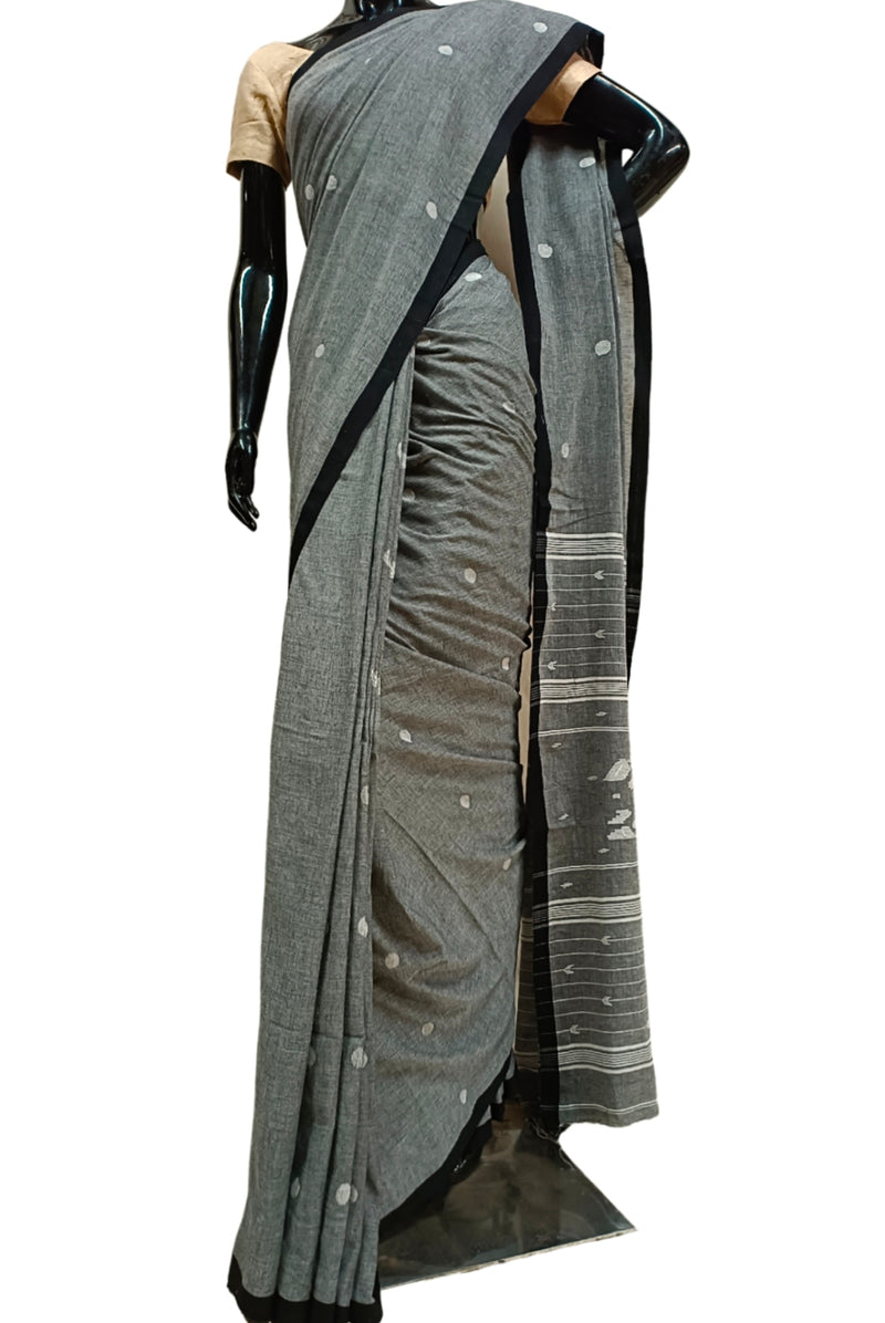 Grey Handloom Cotton, Handwoven Jamdani Saree Balaram Saha