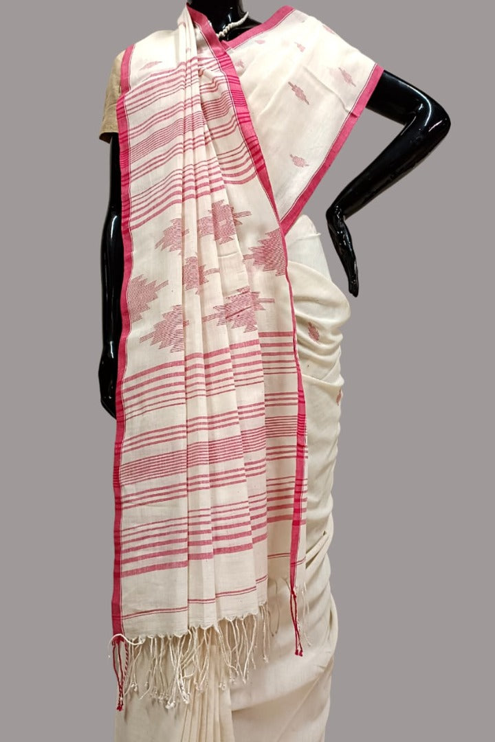 Off White & Pink handspun cotton jamdani Saree Balaram Saha