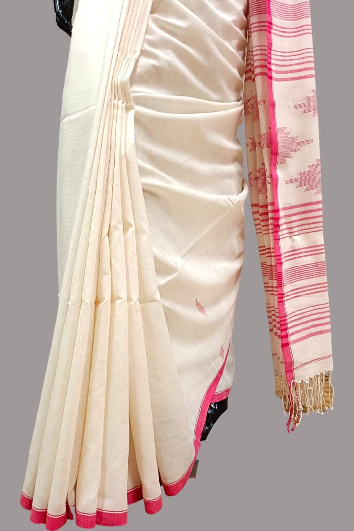Off White & Pink handspun cotton jamdani Saree Balaram Saha