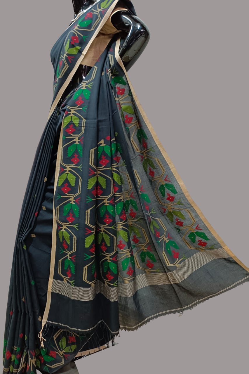 BLACK & MULTICOLORED HANDSPUN COTTON JAMDANI SAREE Balaram Saha
