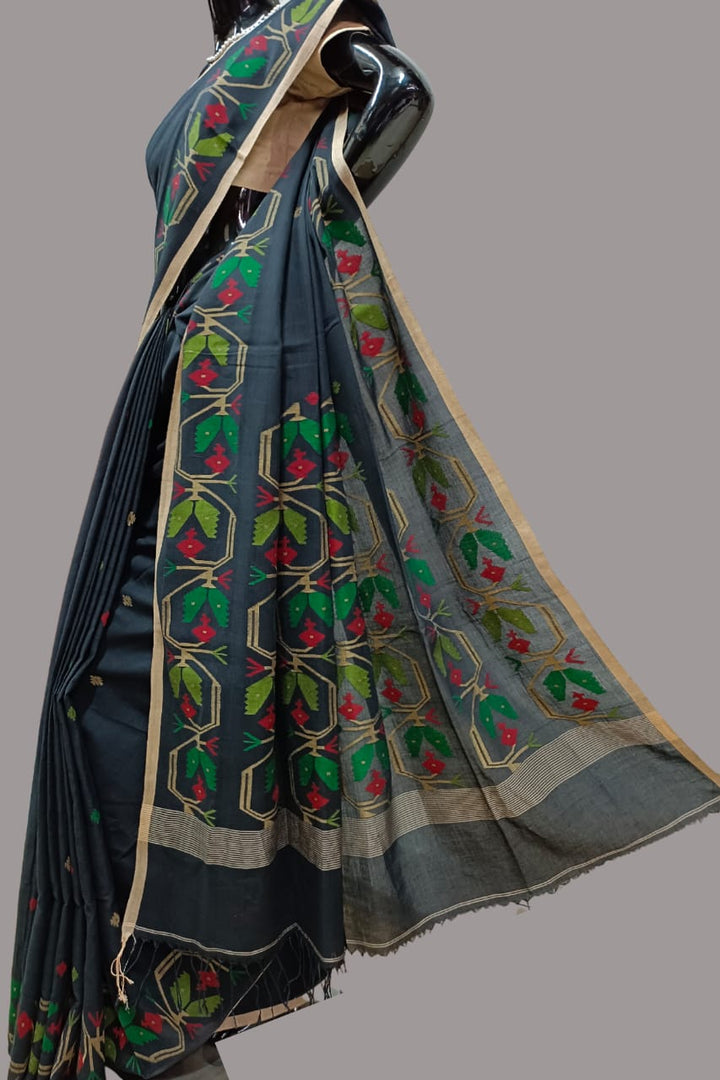 BLACK & MULTICOLORED HANDSPUN COTTON JAMDANI SAREE Balaram Saha
