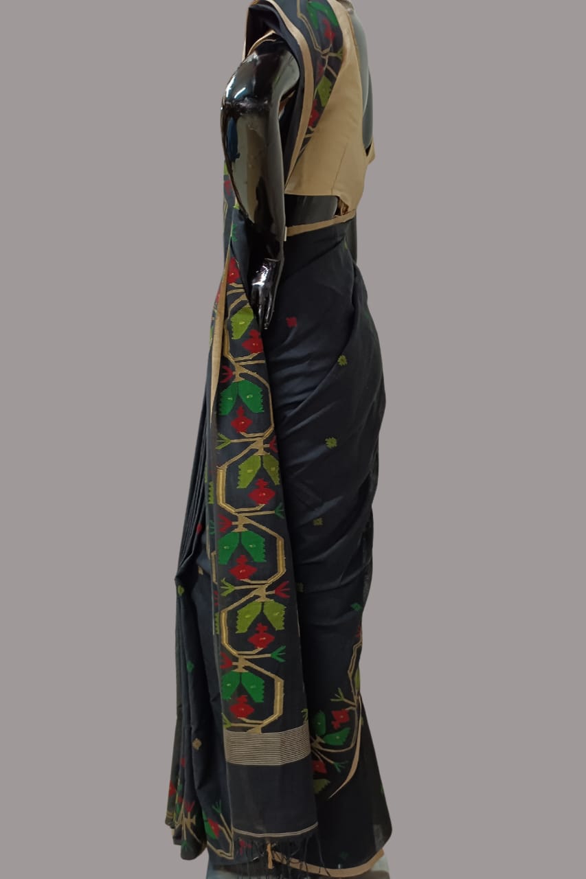 BLACK & MULTICOLORED HANDSPUN COTTON JAMDANI SAREE Balaram Saha