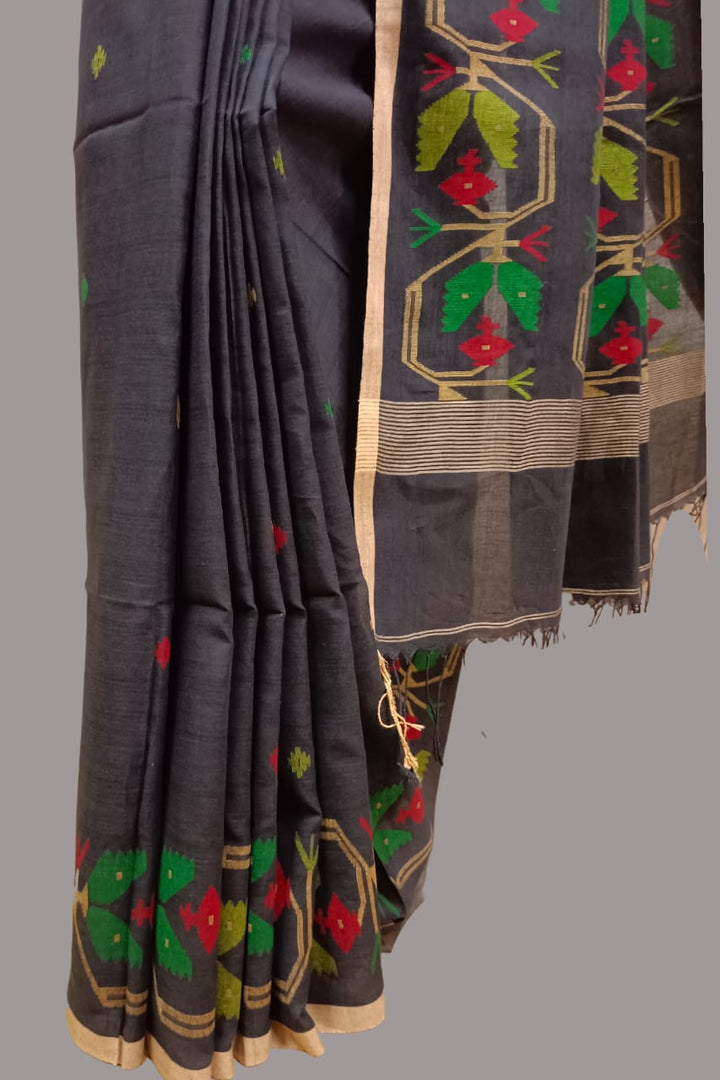 BLACK & MULTICOLORED HANDSPUN COTTON JAMDANI SAREE Balaram Saha