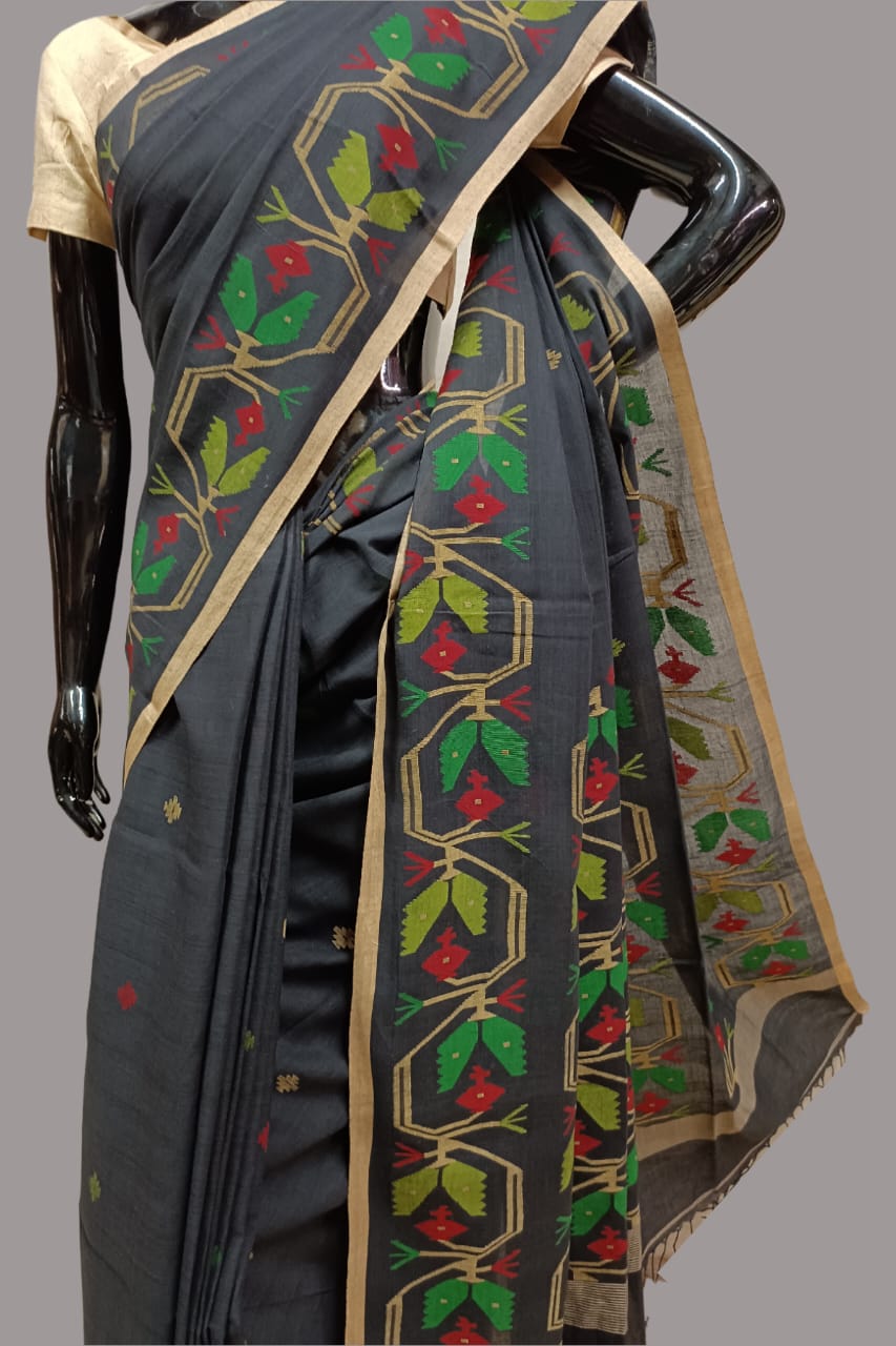 BLACK & MULTICOLORED HANDSPUN COTTON JAMDANI SAREE Balaram Saha