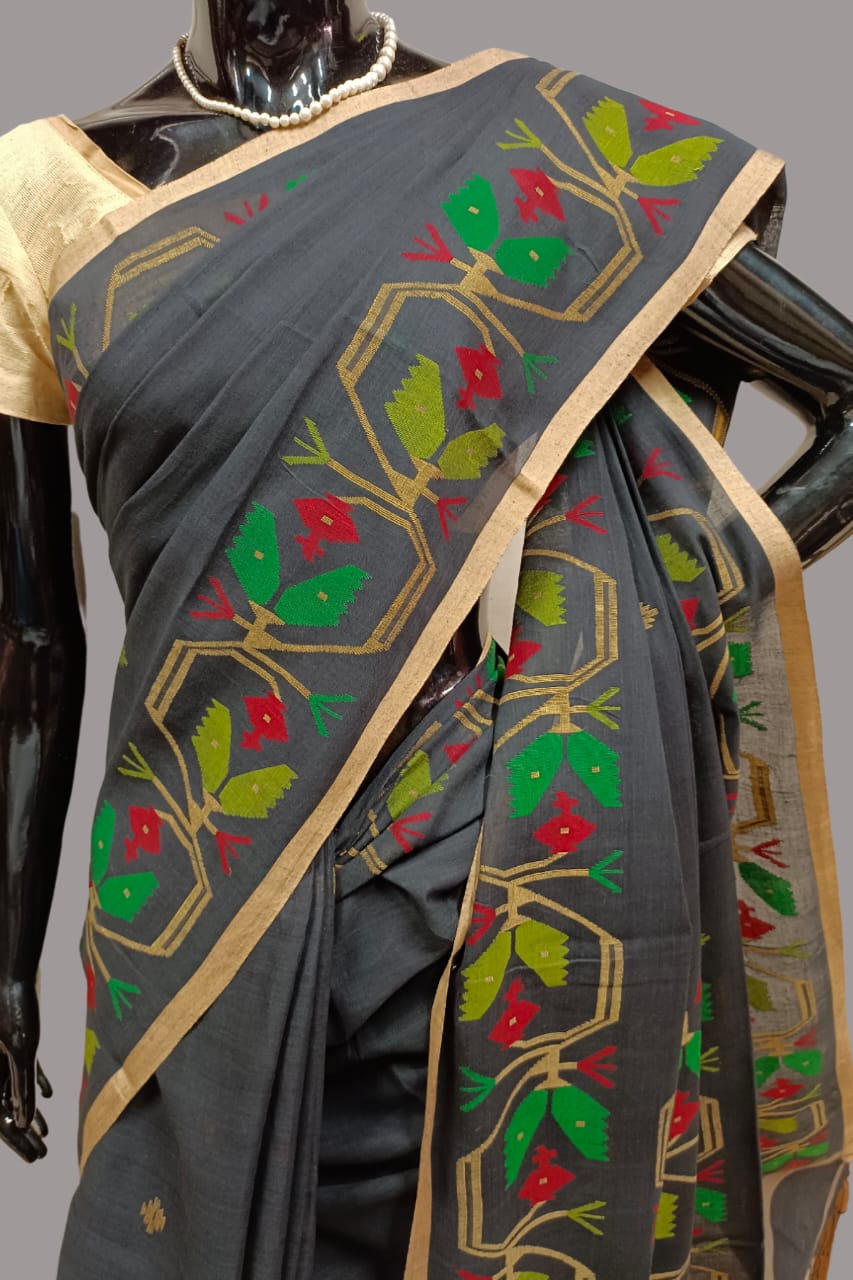 BLACK & MULTICOLORED HANDSPUN COTTON JAMDANI SAREE Balaram Saha