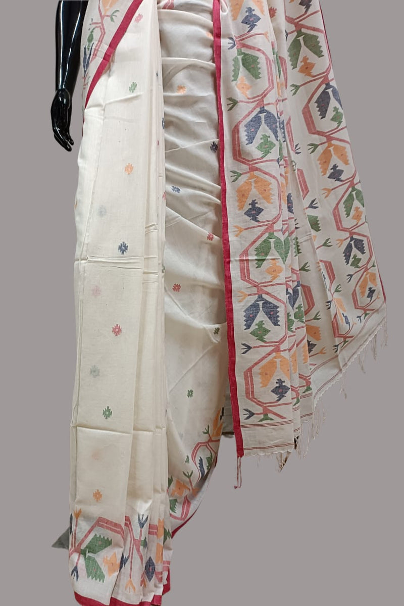 White & Multicolored Handspun Cotton Jamdani saree Balaram Saha