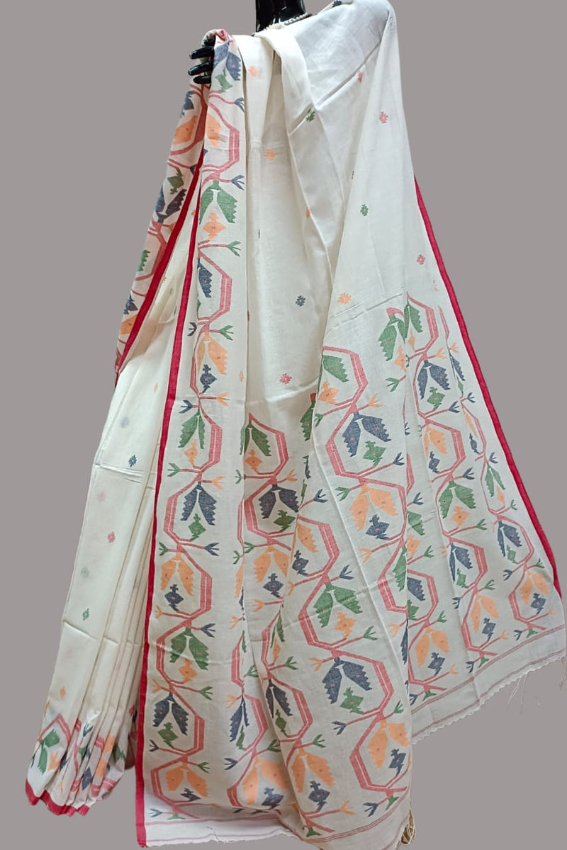 White & Multicolored Handspun Cotton Jamdani saree Balaram Saha