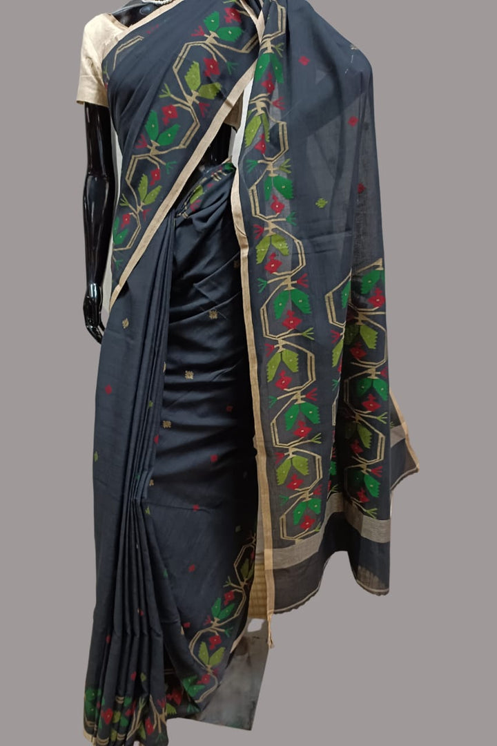 BLACK & MULTICOLORED HANDSPUN COTTON JAMDANI SAREE Balaram Saha