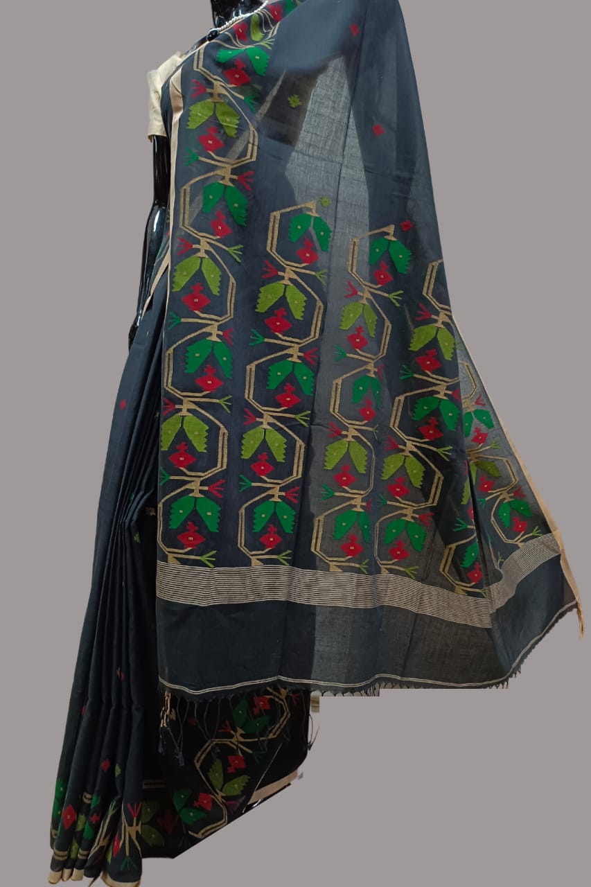 BLACK & MULTICOLORED HANDSPUN COTTON JAMDANI SAREE Balaram Saha