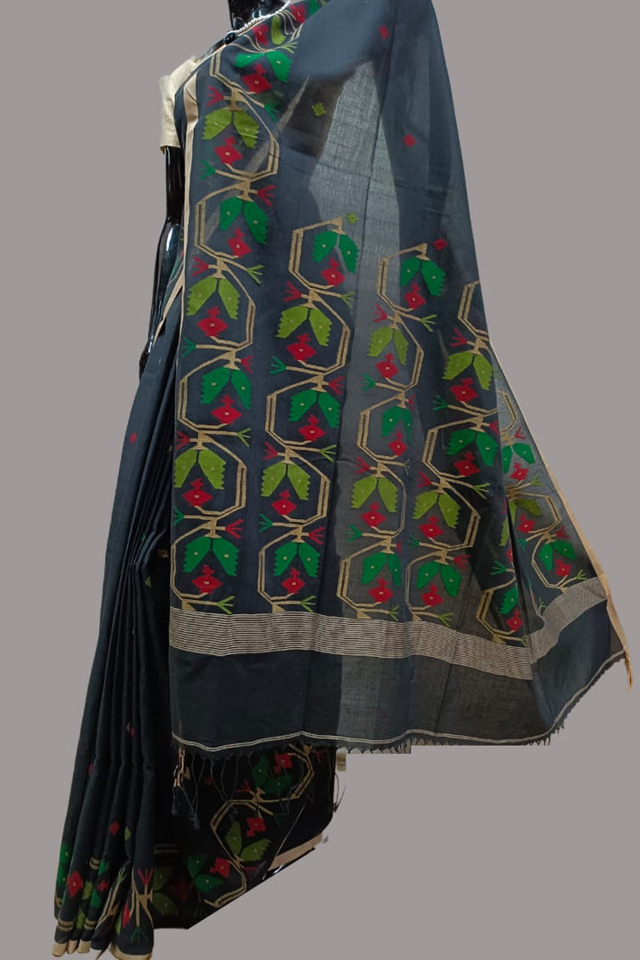 BLACK & MULTICOLORED HANDSPUN COTTON JAMDANI SAREE Balaram Saha