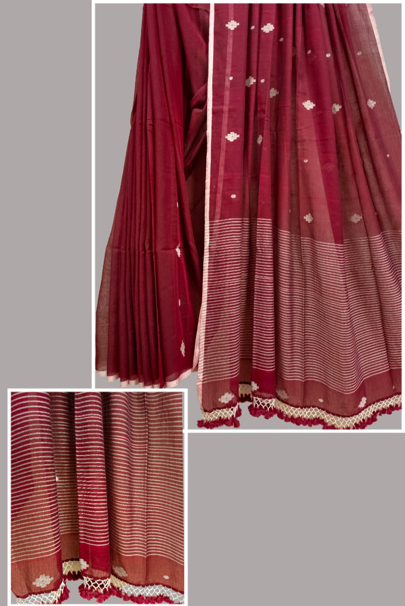 Red Handloom Soft Mul Cotton Dhakai saree Balaram Saha