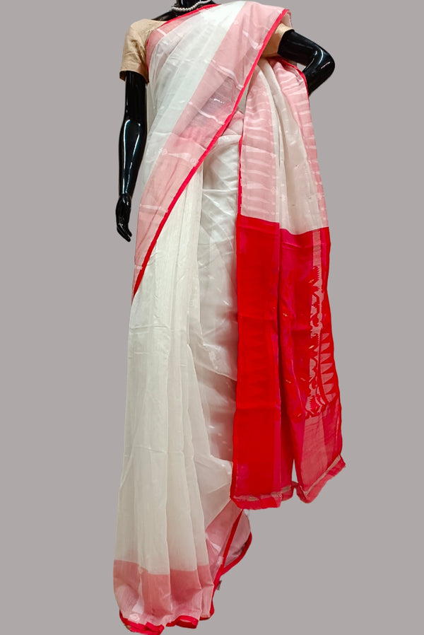 Off White & Red Handloom Soft Jacquard weave Saree Balaram Saha