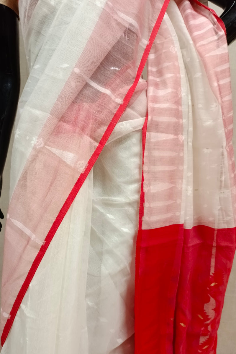 Off White & Red Handloom Soft Jacquard weave Saree Balaram Saha