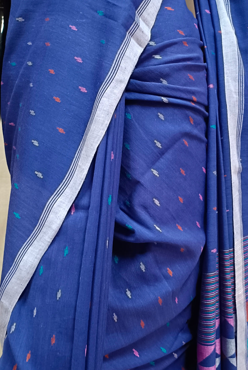 (Mauves Blue) Handspun Handwoven Cotton Jamdani Saree Balaram Saha