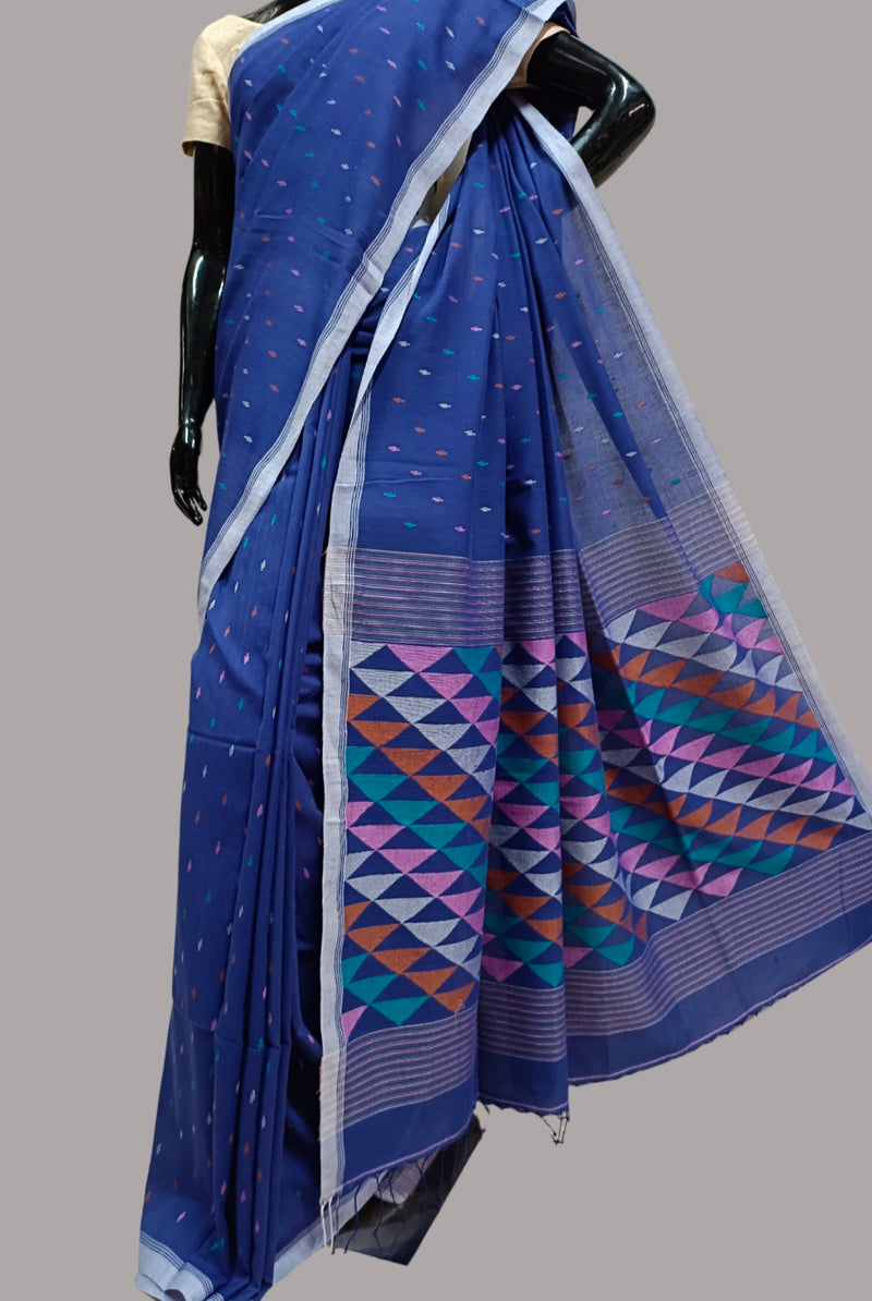 (Mauves Blue) Handspun Handwoven Cotton Jamdani Saree Balaram Saha