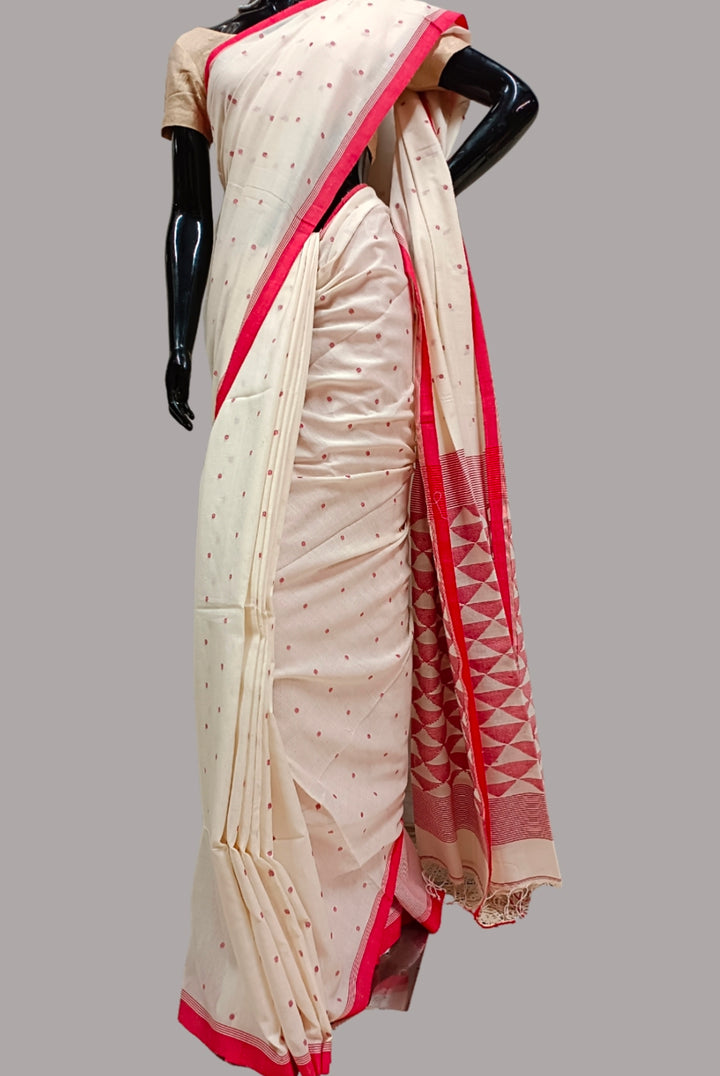 White Red Handspun Hand Woven  Cotton Jamdani Saree Balaram Saha