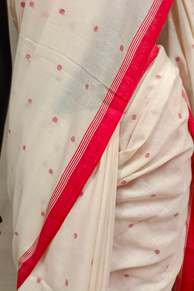 White Red Handspun Hand Woven  Cotton Jamdani Saree Balaram Saha
