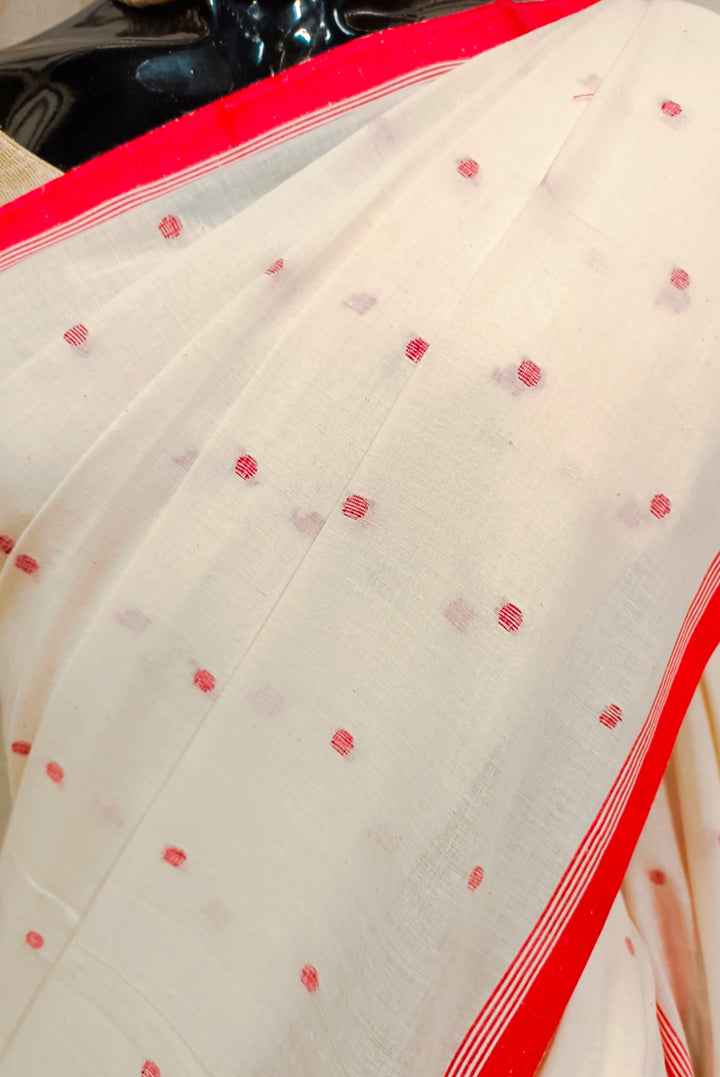 White Red Handspun Hand Woven  Cotton Jamdani Saree Balaram Saha