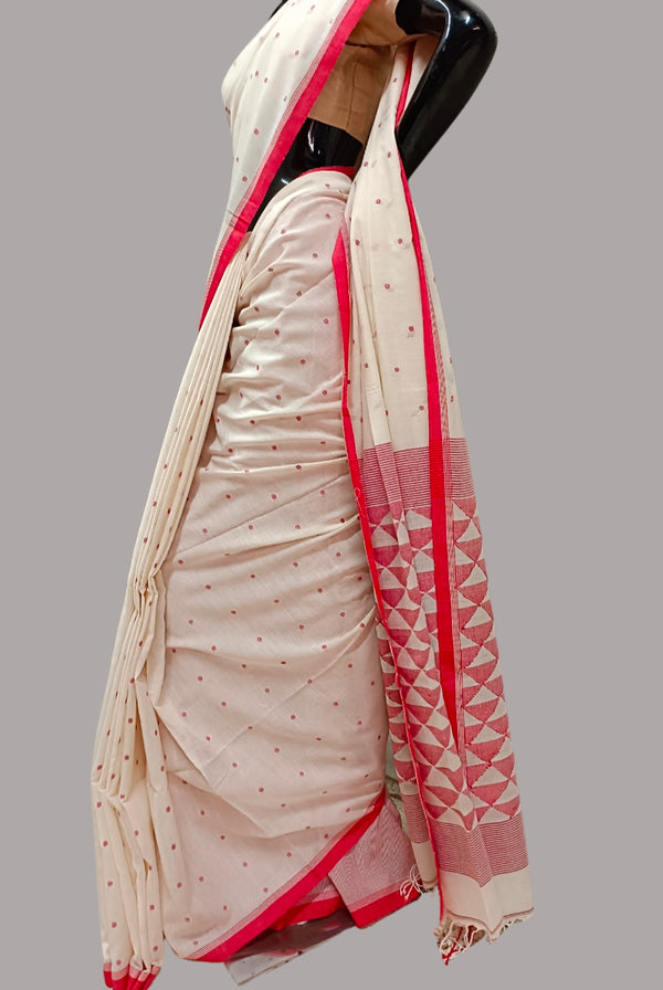 White Red Handspun Hand Woven  Cotton Jamdani Saree Balaram Saha