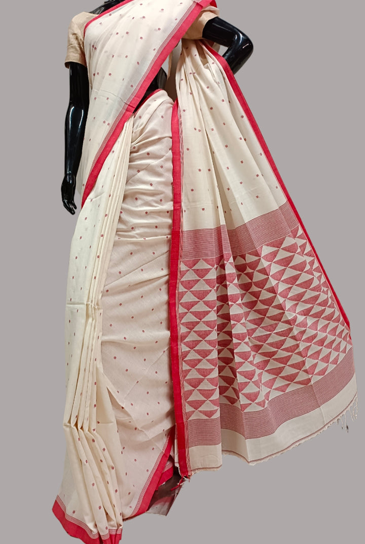 White Red Handspun Hand Woven  Cotton Jamdani Saree Balaram Saha