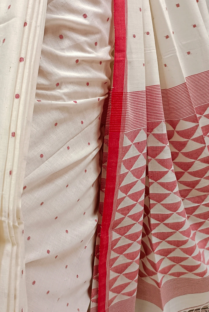 White Red Handspun Hand Woven  Cotton Jamdani Saree Balaram Saha
