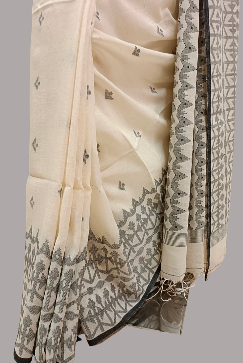 WHite & Black Handspun Handwoven Cotton Dhakai Jamdani Saree Balaram Saha
