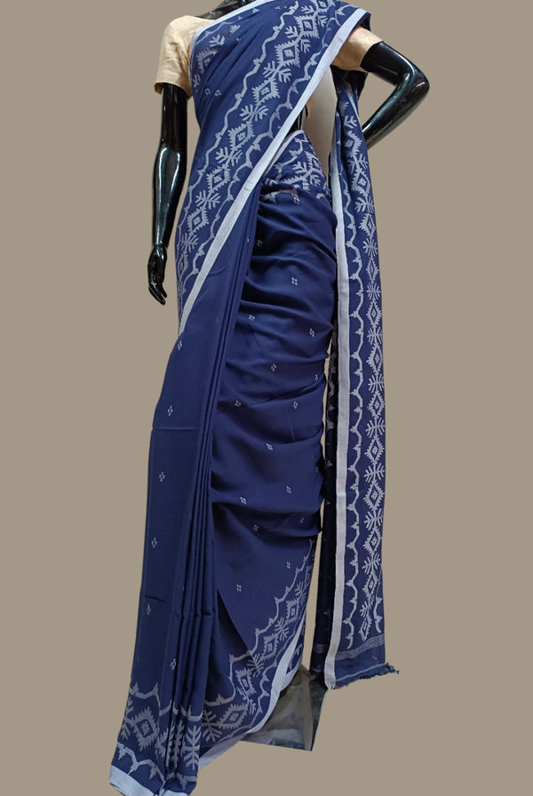 Handloom Handspun Handwoven Jamdani Saree (Indigo Blue) Balaram Saha