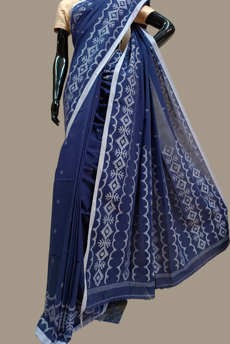 Handloom Handspun Handwoven Jamdani Saree (Indigo Blue) Balaram Saha