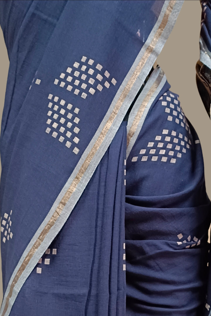 NAVY HANDLOOM HANDSPUN HANDWOVEN JAMDANI SAREE Balaram Saha