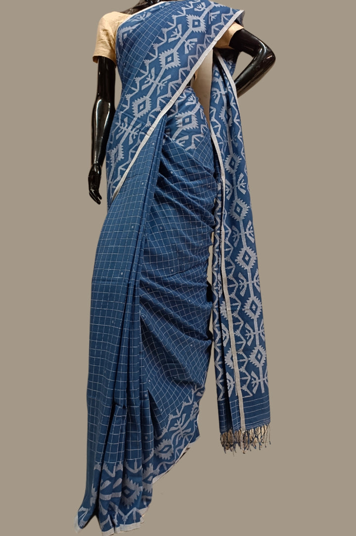 BLUE HANDLOOM HANDSPUN MUSLIN COTTON JAMDANI SAREE Balaram Saha