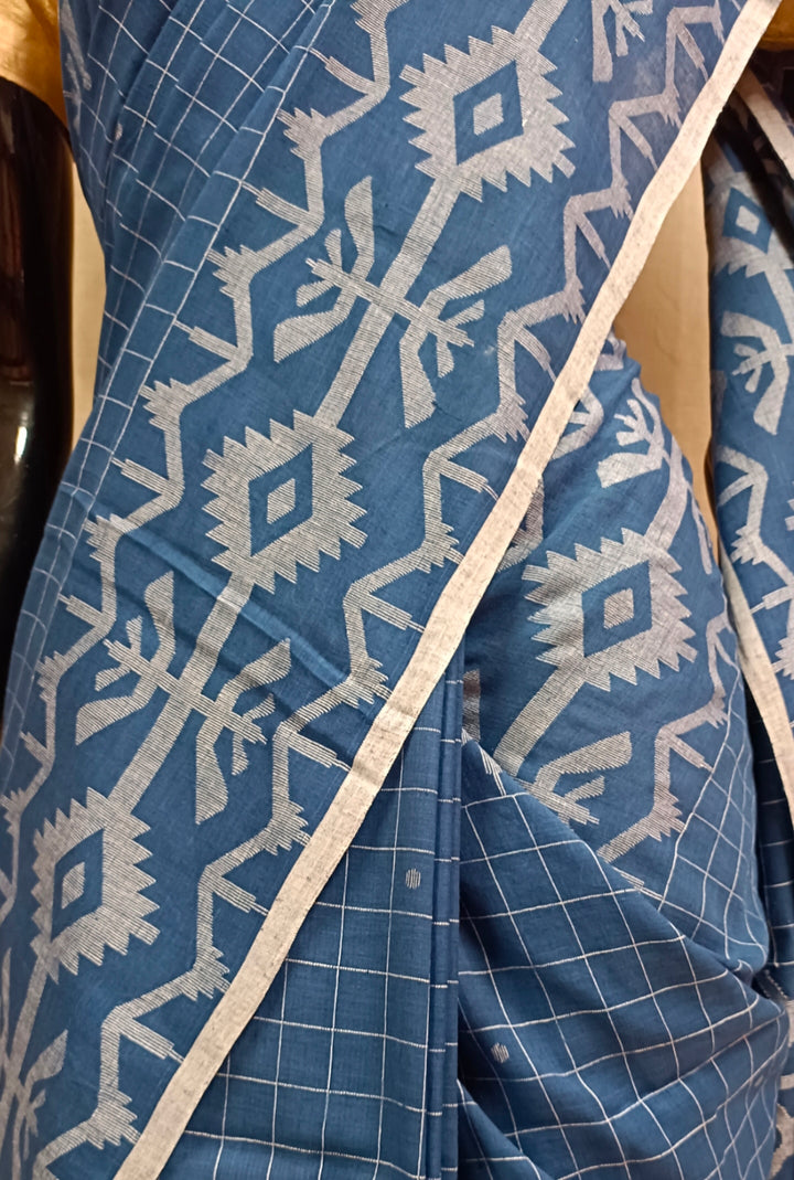 BLUE HANDLOOM HANDSPUN MUSLIN COTTON JAMDANI SAREE Balaram Saha