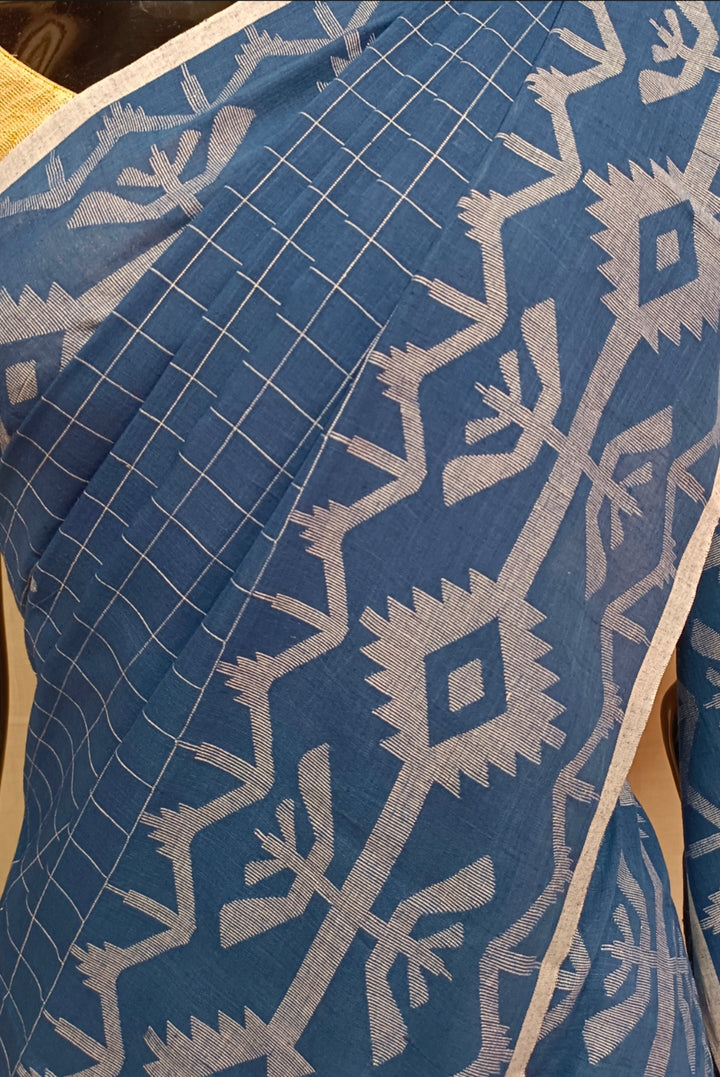 BLUE HANDLOOM HANDSPUN MUSLIN COTTON JAMDANI SAREE Balaram Saha