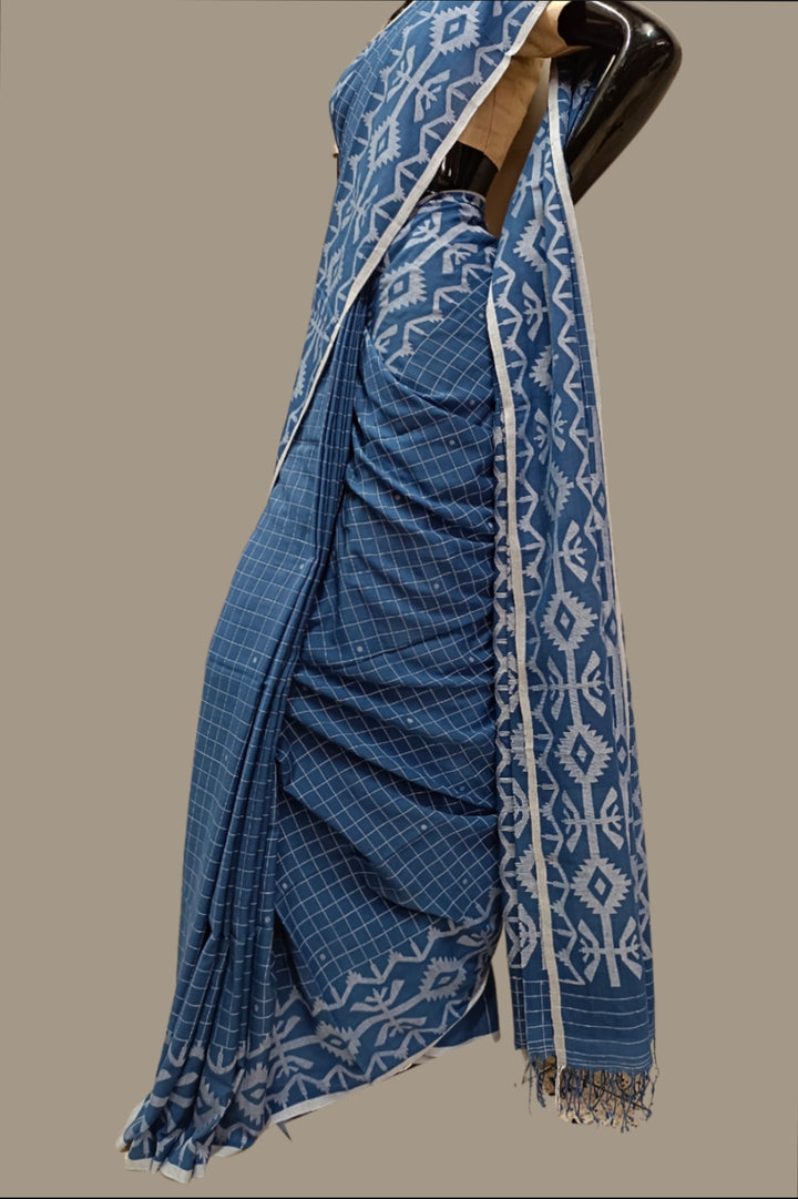 BLUE HANDLOOM HANDSPUN MUSLIN COTTON JAMDANI SAREE Balaram Saha