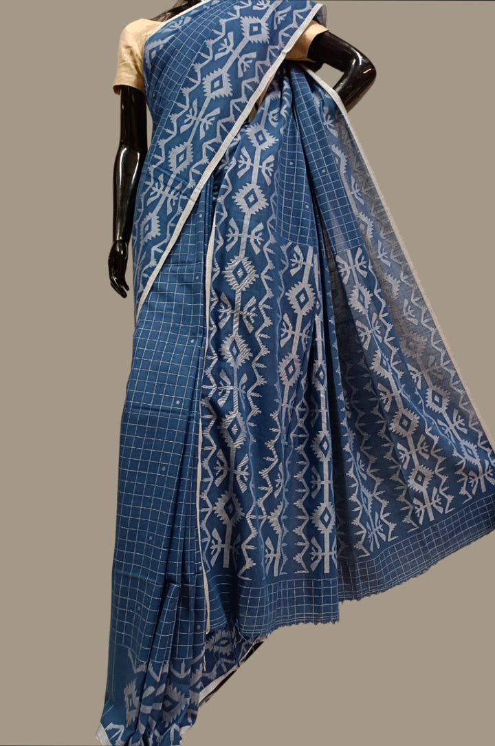 BLUE HANDLOOM HANDSPUN MUSLIN COTTON JAMDANI SAREE Balaram Saha