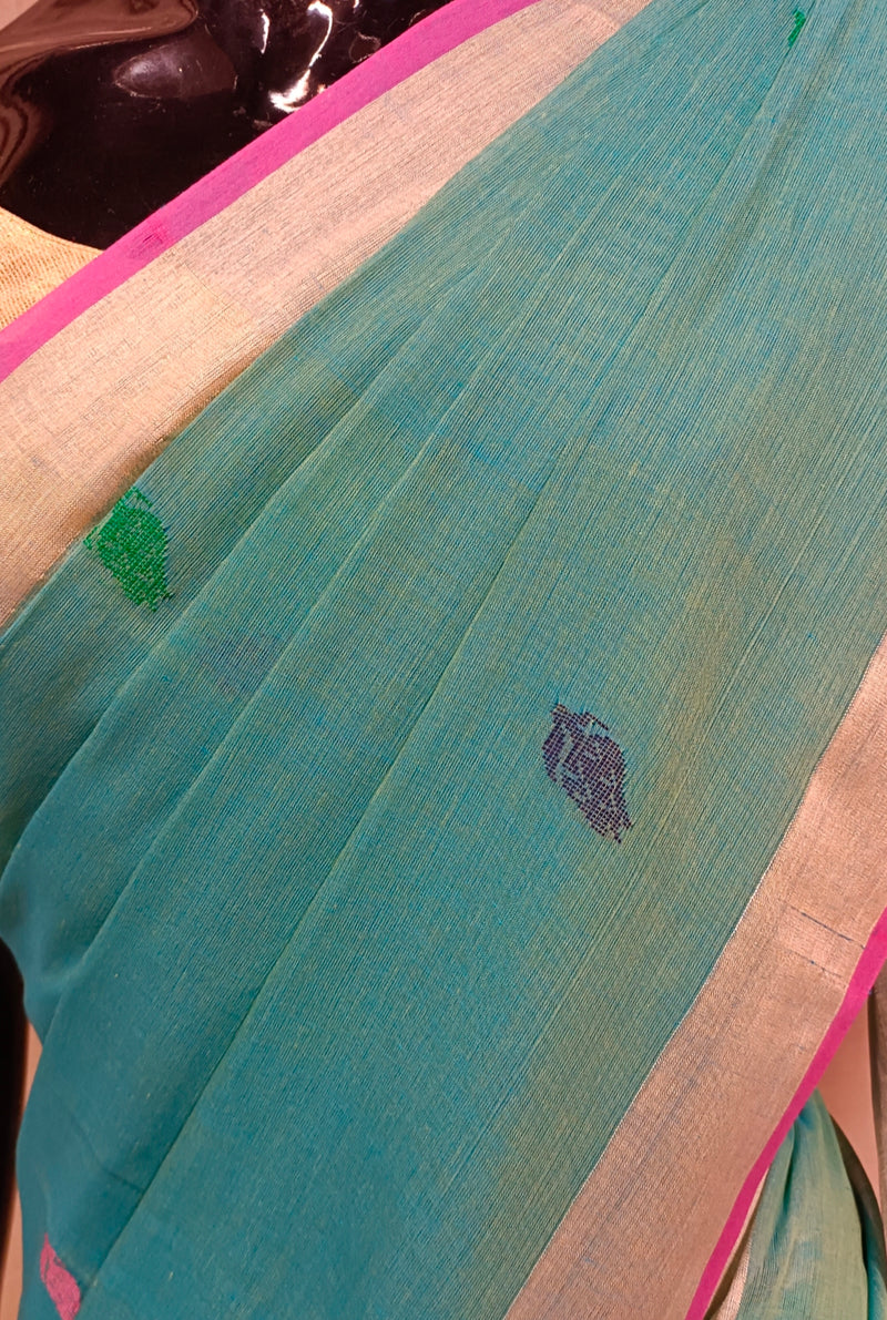 Sea Blue Handloom Fine Cotton Saree with Tussar Border Balaram Saha