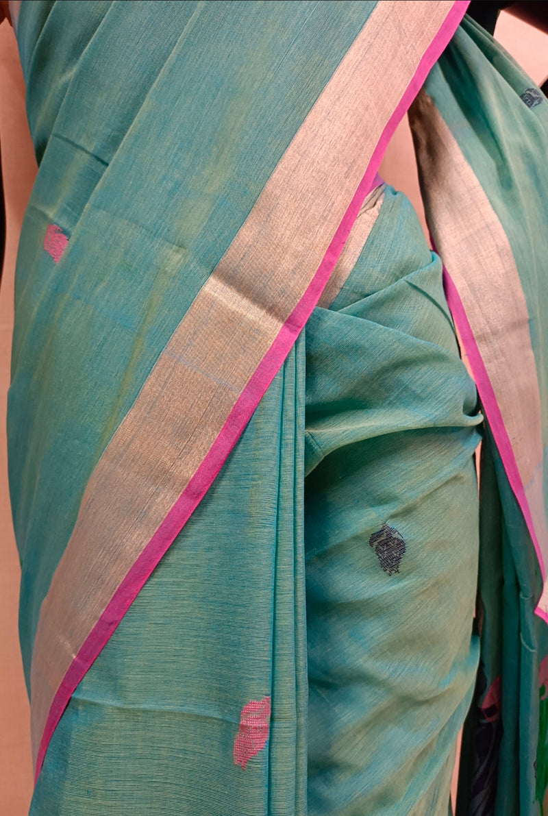 Sea Blue Handloom Fine Cotton Saree with Tussar Border Balaram Saha