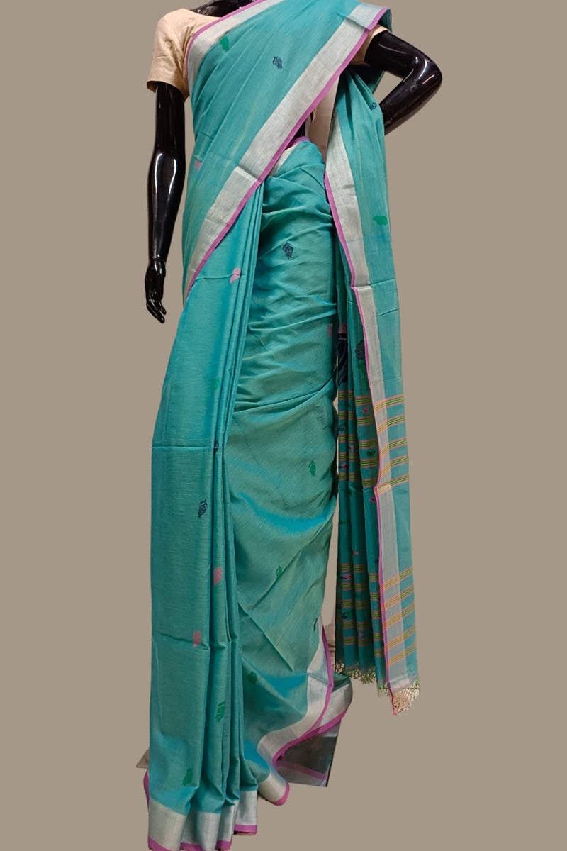 Sea Blue Handloom Fine Cotton Saree with Tussar Border Balaram Saha