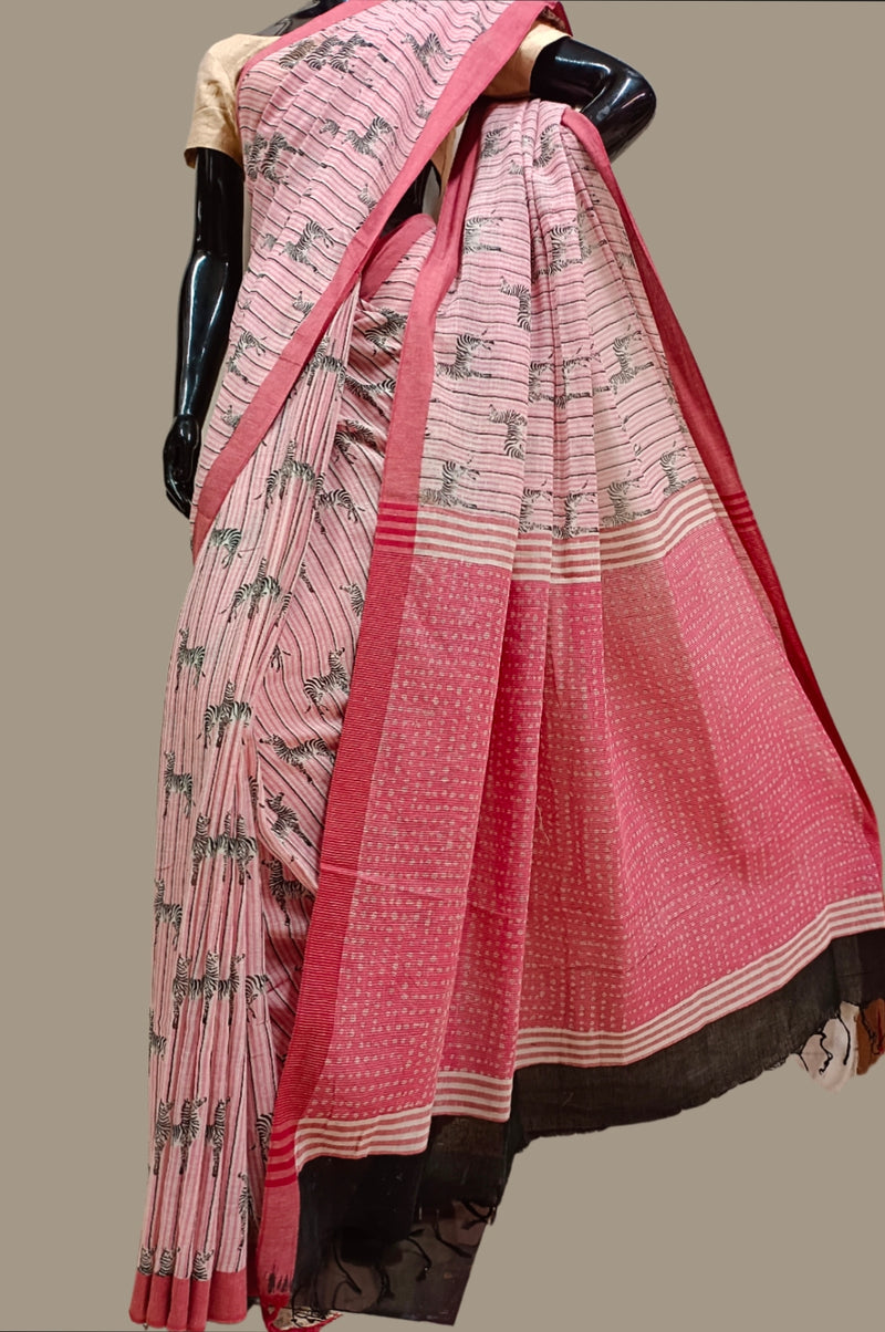 Pink Handloom Printed Soft Cotton Saree Balaram Saha