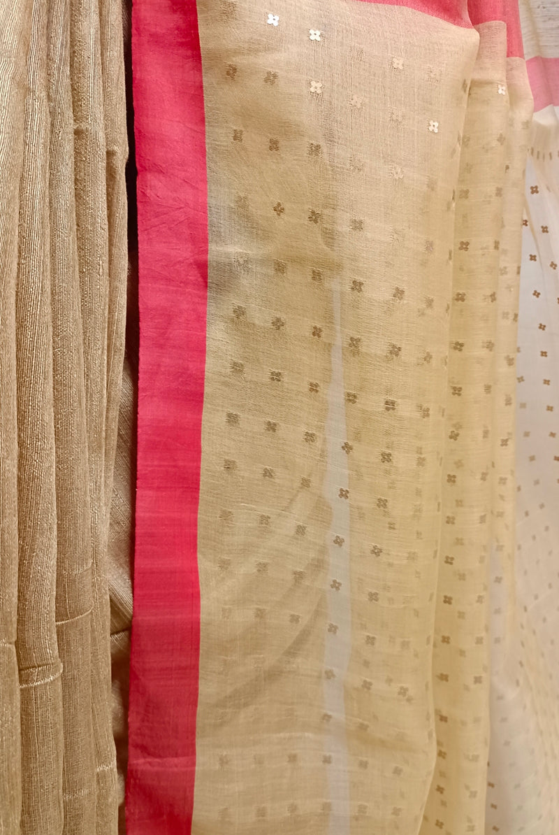 Beige & Red Handloom Matka Sequin Weave Saree Balaram Saha