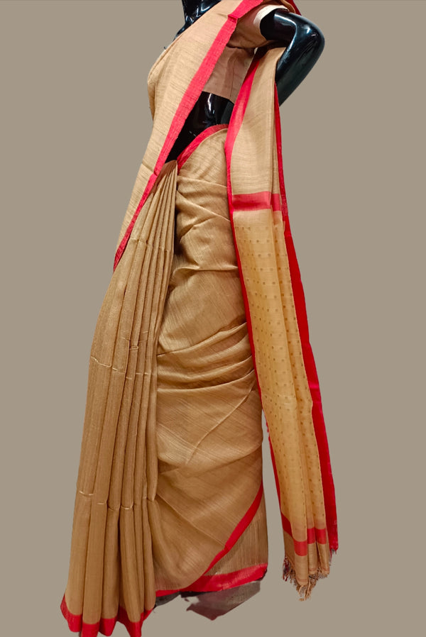 Beige & Red Handloom Matka Sequin Weave Saree Balaram Saha