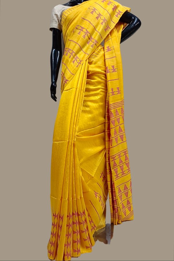 Yellow & pink Handloom Matka Woven Silk Saree Balaram Saha