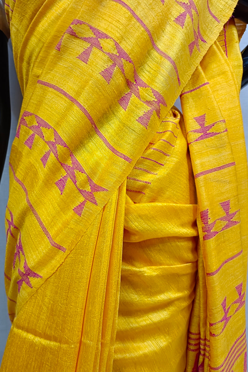 Yellow & pink Handloom Matka Woven Silk Saree Balaram Saha