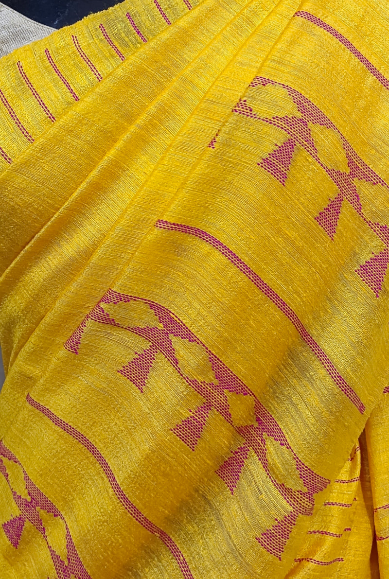 Yellow & pink Handloom Matka Woven Silk Saree Balaram Saha