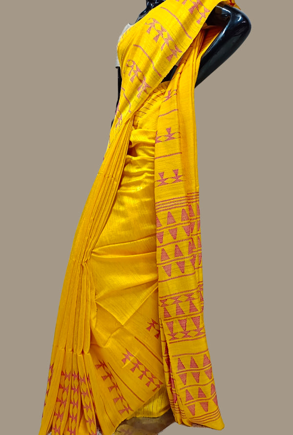 Yellow & pink Handloom Matka Woven Silk Saree Balaram Saha