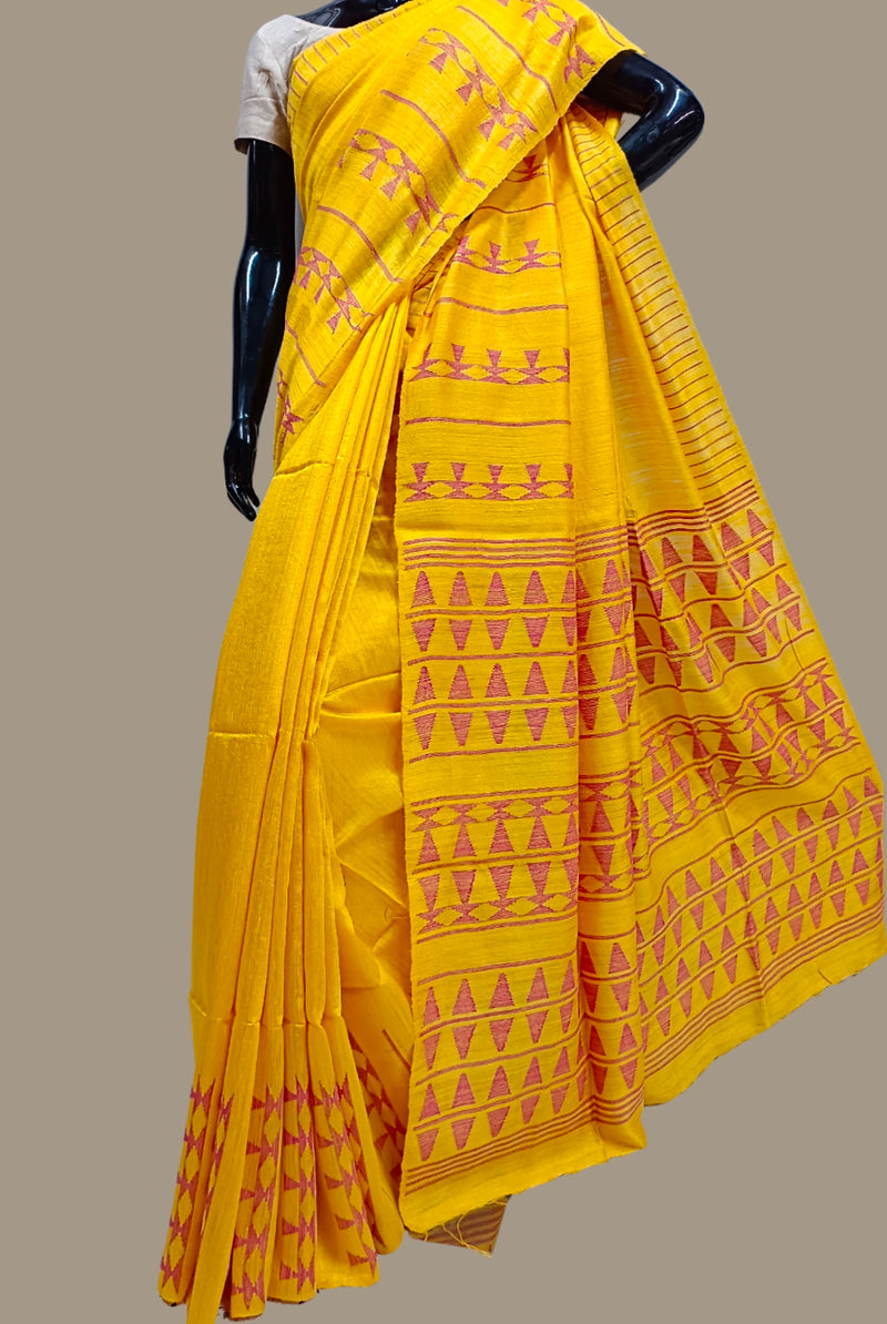 Yellow & pink Handloom Matka Woven Silk Saree Balaram Saha